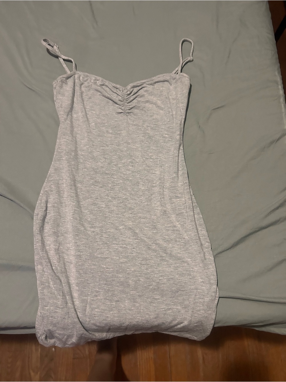 Oh Polly Light Gray Ruched Spaghetti Strap Dress
